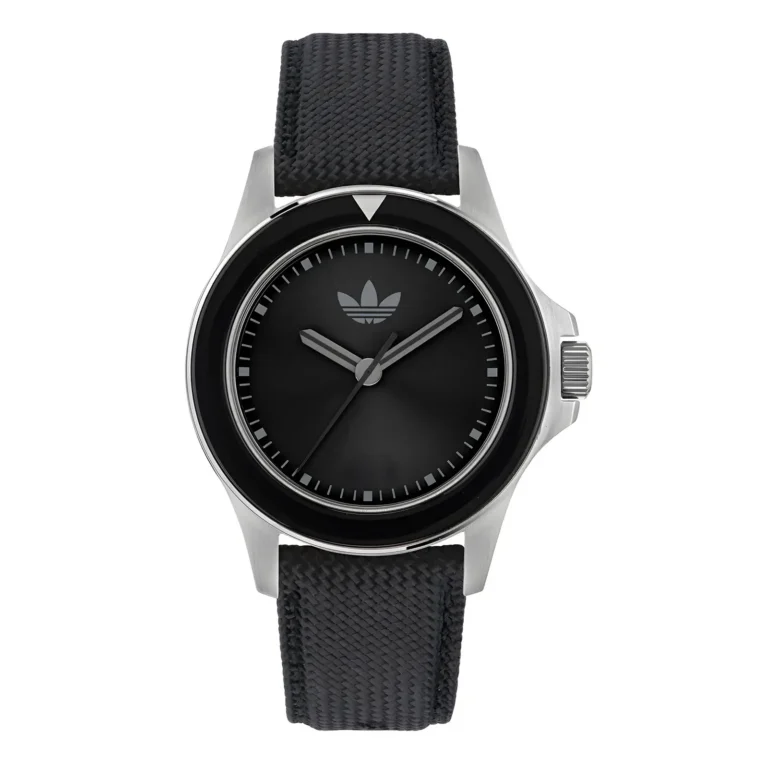 Black Adidas watch with a sleek stainless steel case, minimalist dial, and textured black strap featuring the iconic logo.