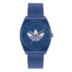 ADIDAS AOST23049 Blue Adidas watch featuring a white logo, minimalist design, and textured silicone strap, set against a plain white background.
