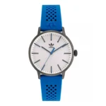 Adidas watch featuring a white face, blue hour and minute hands, and a blue perforated silicone strap.