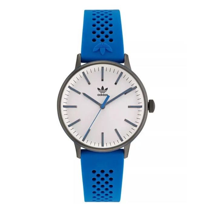 Adidas watch featuring a white face, blue hour and minute hands, and a blue perforated silicone strap.