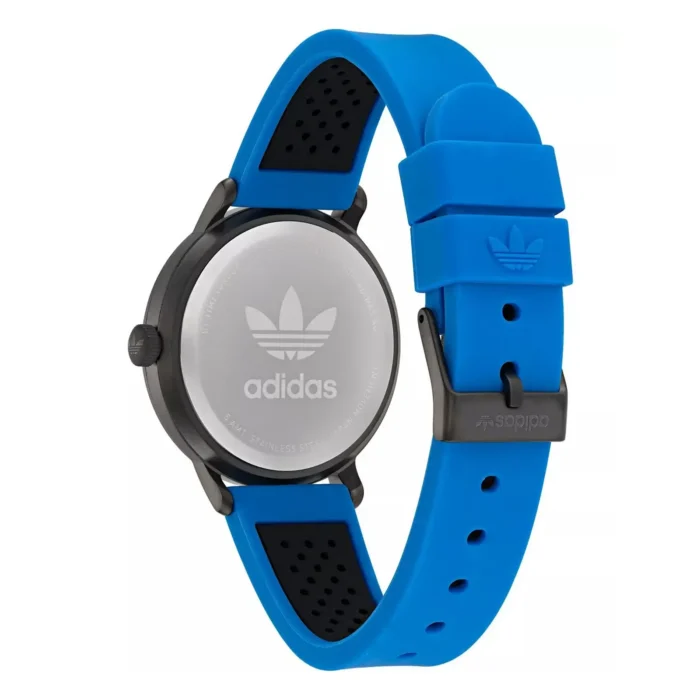 Black and silver Adidas watch with a blue silicone strap, featuring the iconic three stripes logo embossed on the back.