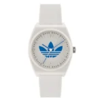 ADIDAS AOST23048-1 White Adidas watch featuring a blue trefoil logo on a silver dial, with large numeral markers and a white silicone strap.