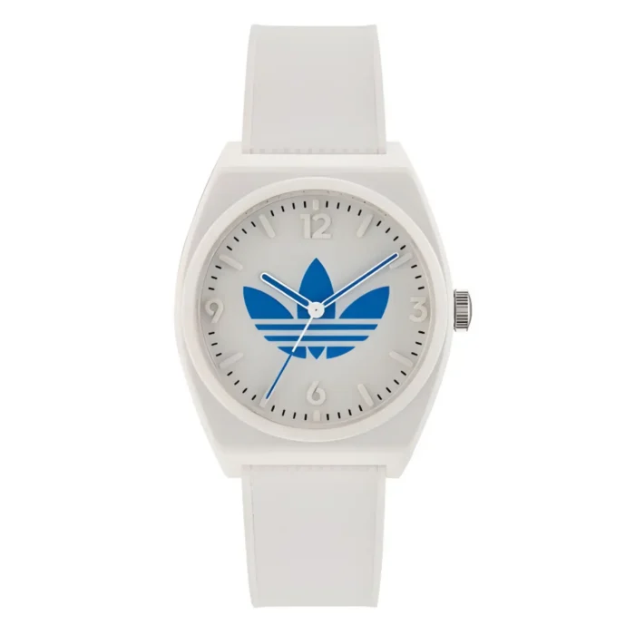 ADIDAS AOST23048-1 White Adidas watch featuring a blue trefoil logo on a silver dial, with large numeral markers and a white silicone strap.