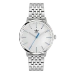 Silver Adidas wristwatch with a minimalist white face, blue accented hands, and a sleek stainless steel bracelet.