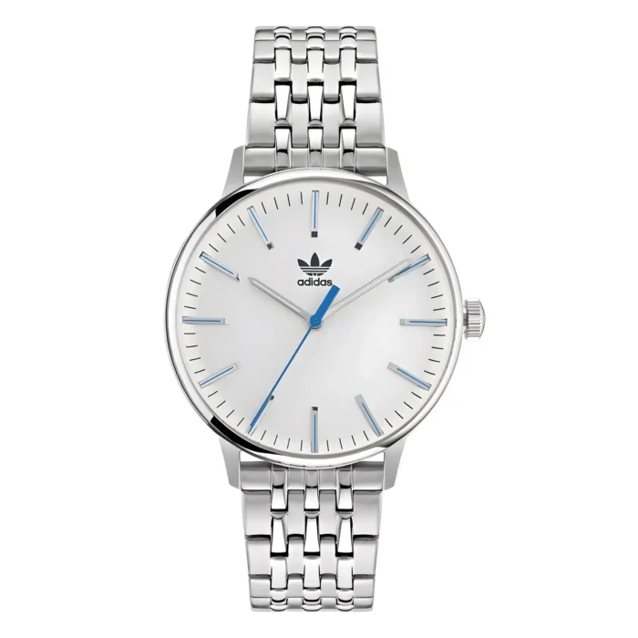 Silver Adidas wristwatch with a minimalist white face, blue accented hands, and a sleek stainless steel bracelet.
