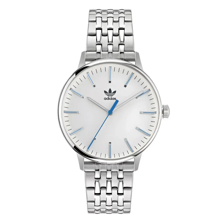 Silver Adidas wristwatch with a minimalist white face, blue accented hands, and a sleek stainless steel bracelet.