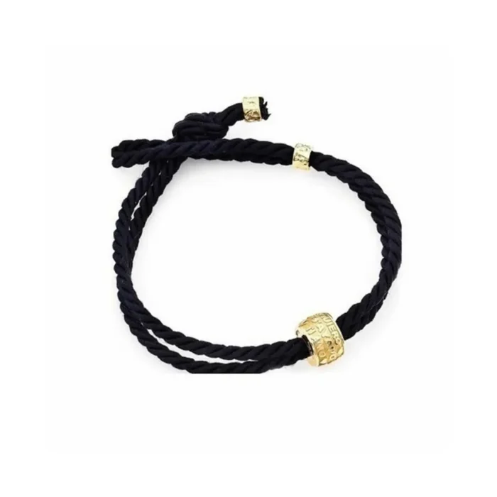 Black braided rope bracelet with textured gold bead accents, stylish and minimalistic design.