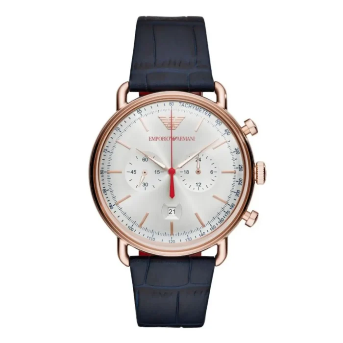 Elegant Emporio Armani chronograph watch with a white dial, rose gold accents, and a navy blue crocodile-patterned leather strap.