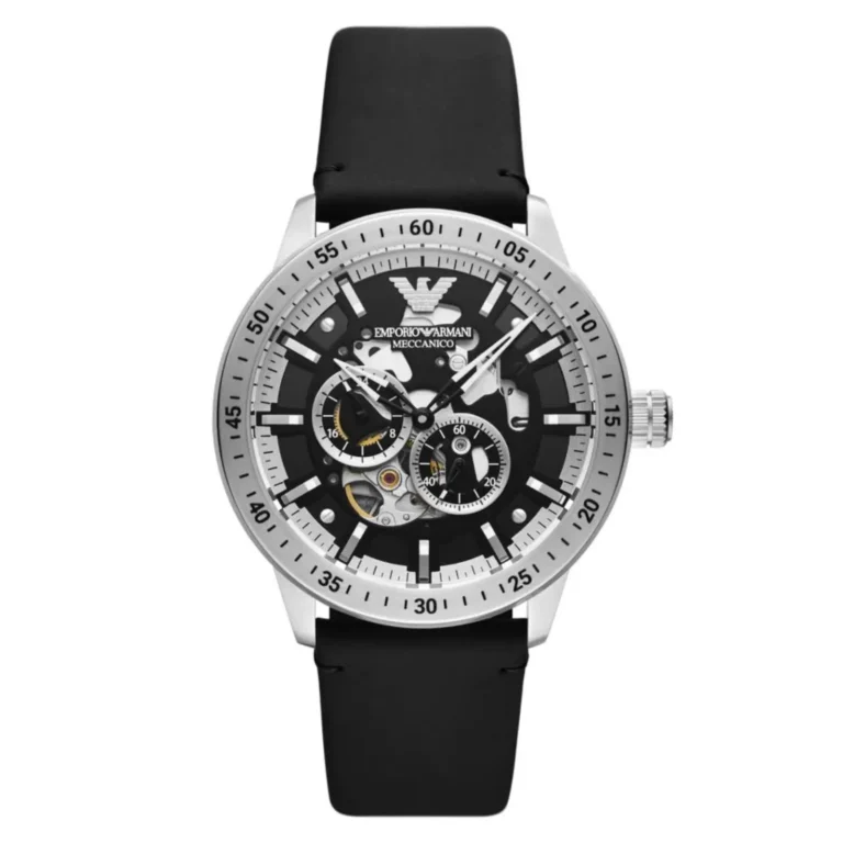 Men's Emporio Armani mechanical watch with a silver bezel, black dial, and rubber strap, featuring two sub-dials.