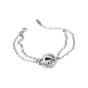 Silver bracelet featuring intertwined loops and a sparkling band of gems, showcasing elegance and modern design.