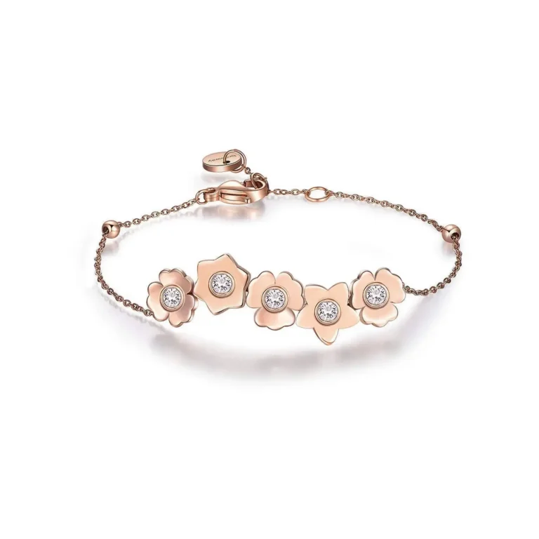 A delicate rose gold bracelet featuring five floral designs, each adorned with a sparkling stone at the center.