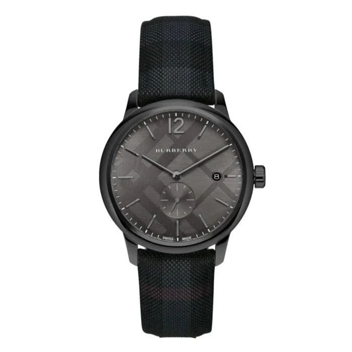 A stylish Burberry watch featuring a gray textured dial, black numerals, and a woven black strap, exuding elegance and sophistication.