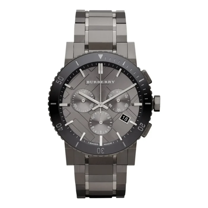 BU9381 A stylish Burberry men's watch with a gray dial, black bezel, chronograph functions, and a polished stainless steel bracelet.