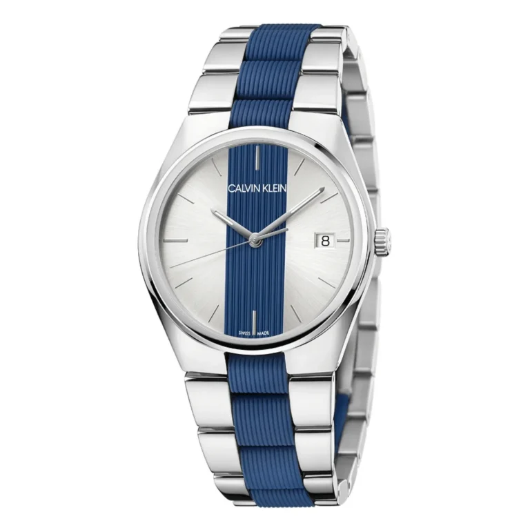 Calvin Klein men's watch featuring a silver dial with blue striped accents, stainless steel case, and blue rubber link bracelet.