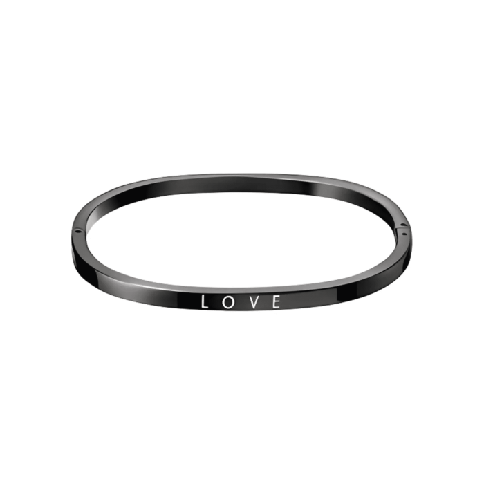 A sleek black bangle bracelet with the word "LOVE" engraved on the front, epitomizing elegance and sentiment.