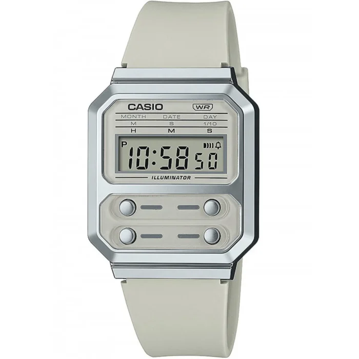 „Casio“ skaitmeninis laikrodis su balta apyranke, rodantis laiką 10:58:50 ir tokias funkcijas kaip mėnesio, datos ir dienos rodikliai.