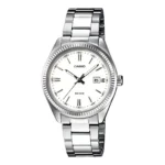 CASIO LTP-1302PD-7A1VEG Silver Casio watch with a white face, minimalist markers, a date feature at 3 o'clock, and a stainless steel bracelet. WR 50M.