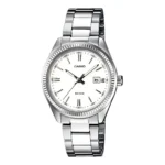 CASIO LTP-1302PD-7A1VEG Sidabrinės spalvos „Casio“ laikrodis su baltu ciferblatu, minimalistiniais žymekliais, datos funkcija 3 val. ir nerūdijančio plieno apyranke. WR 50M.