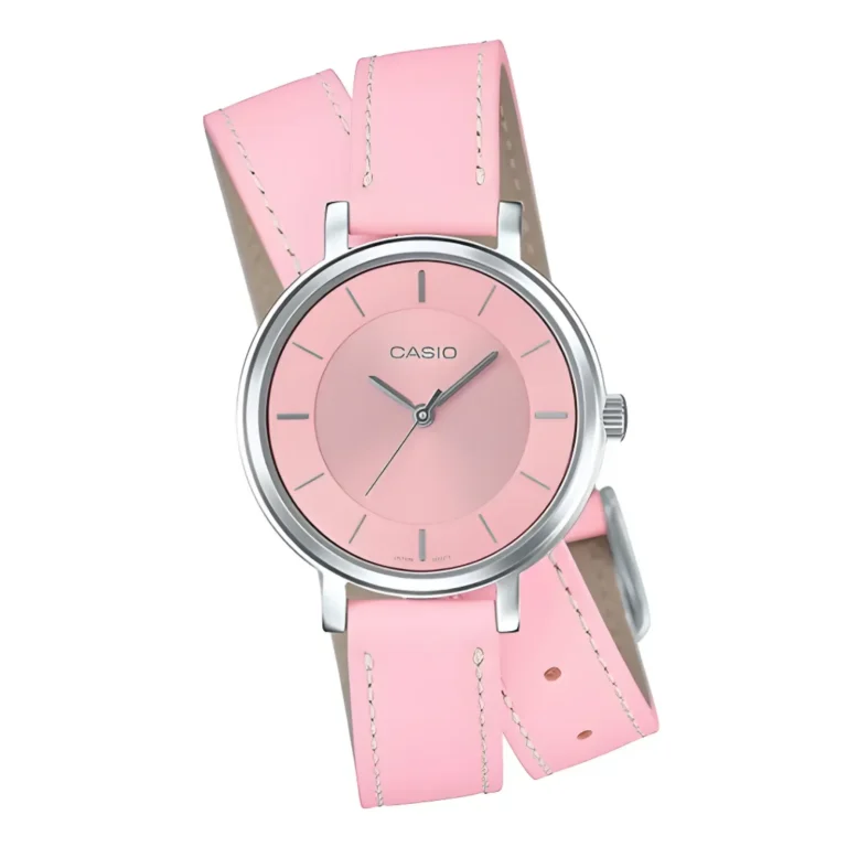 Casio pink watch featuring a round face, minimalist dial, and a soft pink leather strap with white stitching. Stylish and elegant.