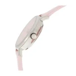 Side view of a stylish watch featuring a pink strap and silver case, with a white crown and a subtle pink dial.