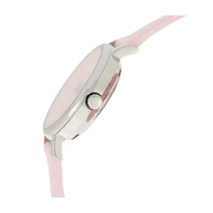 Side view of a stylish watch featuring a pink strap and silver case, with a white crown and a subtle pink dial.