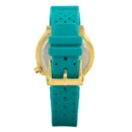 CITIZEN BN0162-02X-3 Arbatinės spalvos guminio laikrodžio dirželio su aukso spalvos sagtimi vaizdas stambiu planu, matomos siūlės ir reguliavimo skylutės.