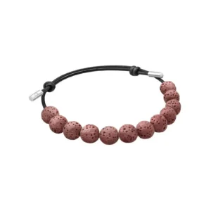 Lava stone bead bracelet in reddish hue on a black cord, featuring a minimalist design and silver accents for adjustable fit.