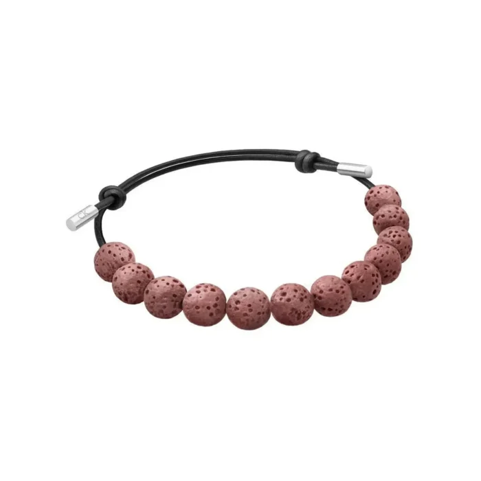 Lava stone bead bracelet in reddish hue on a black cord, featuring a minimalist design and silver accents for adjustable fit.