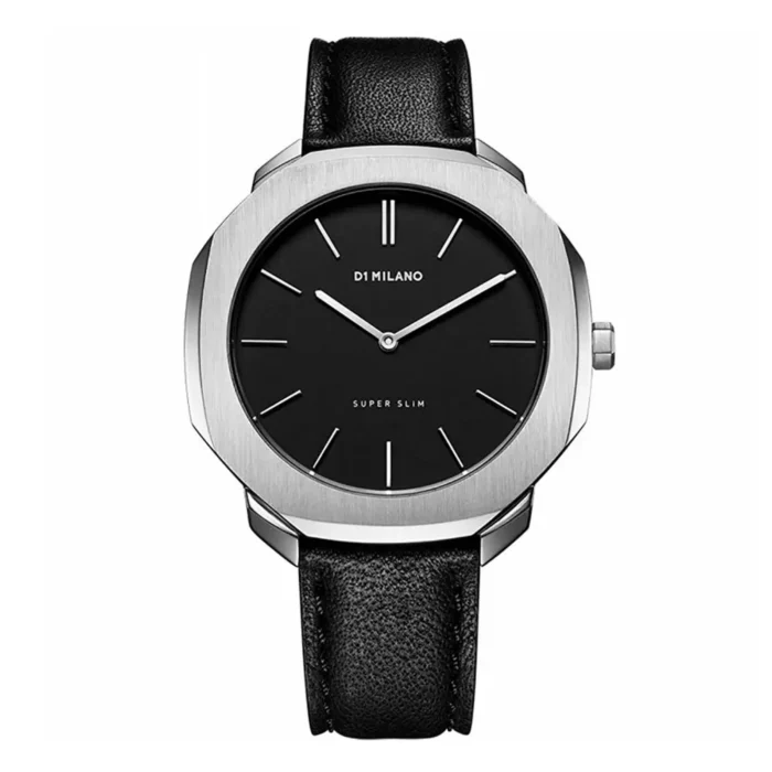 D1 MILANO D1-SSLL01 Elegantiškas „D1 Milano“ itin plonas laikrodis su juodu ciferblatu, sidabro žymekliais ir juodu odiniu dirželiu, demonstruojantis modernią eleganciją.