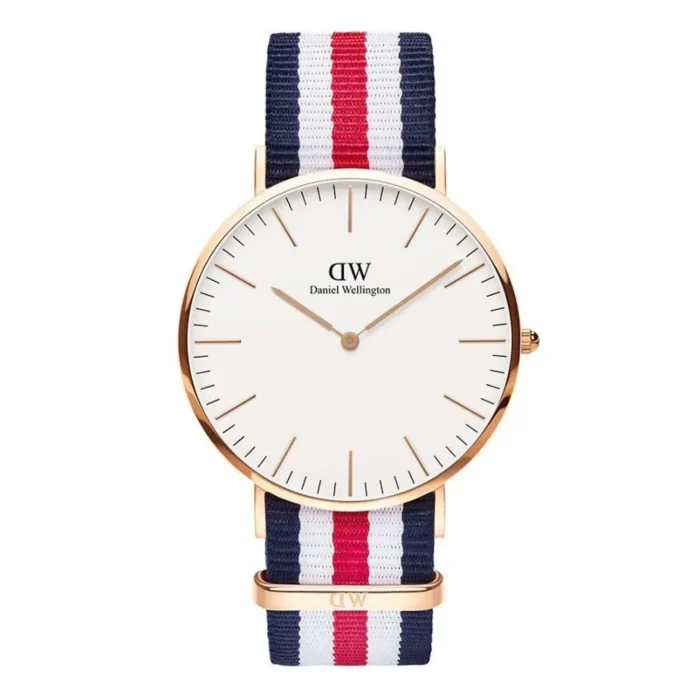 DW00100002 A stylish Daniel Wellington watch featuring a white face, gold hands, and a navy, red, and white striped fabric strap.