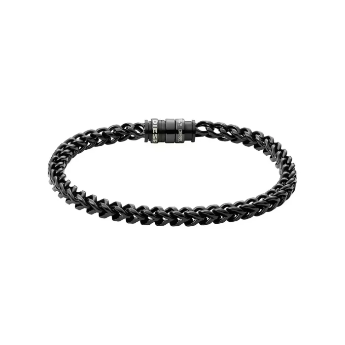 DX1286001 A stylish black braided bracelet featuring metal accents with the brand name "DIESEL" in bold lettering.