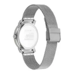 ESPRIT ES1L184M0055-2 Stiilse hõbedase roostevabast terasest võrkrihmaga Esprit käekella tagantvaade, mis demonstreerib selle veekindlaid omadusi ja brändingut.