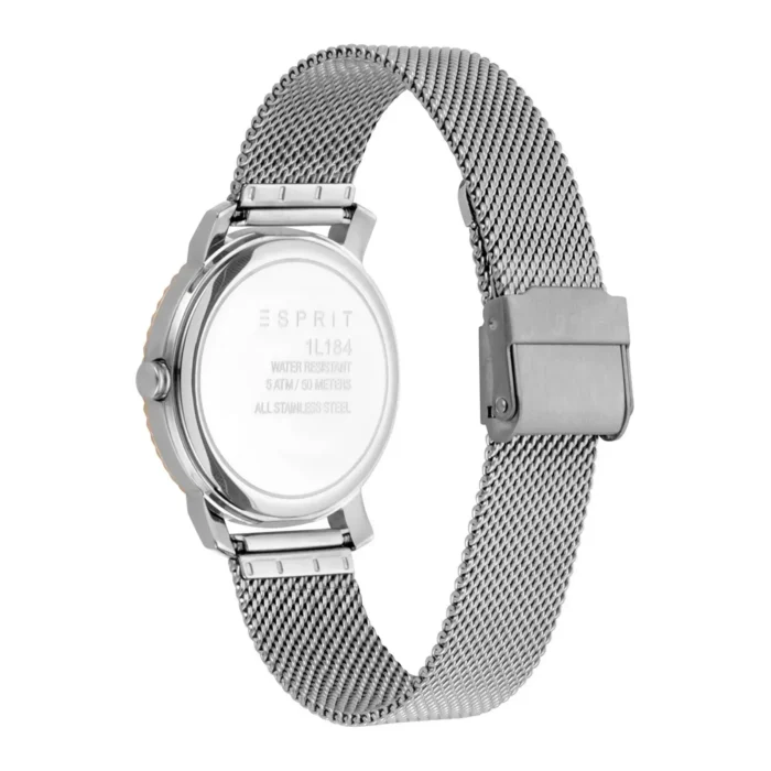 ESPRIT ES1L184M0055-2 Stiilse hõbedase roostevabast terasest võrkrihmaga Esprit käekella tagantvaade, mis demonstreerib selle veekindlaid omadusi ja brändingut.