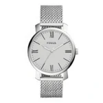 FOSSIL BQ2367 Silver Fossil watch with a minimalist design, featuring a white dial, Roman numerals, and a stainless steel mesh strap.