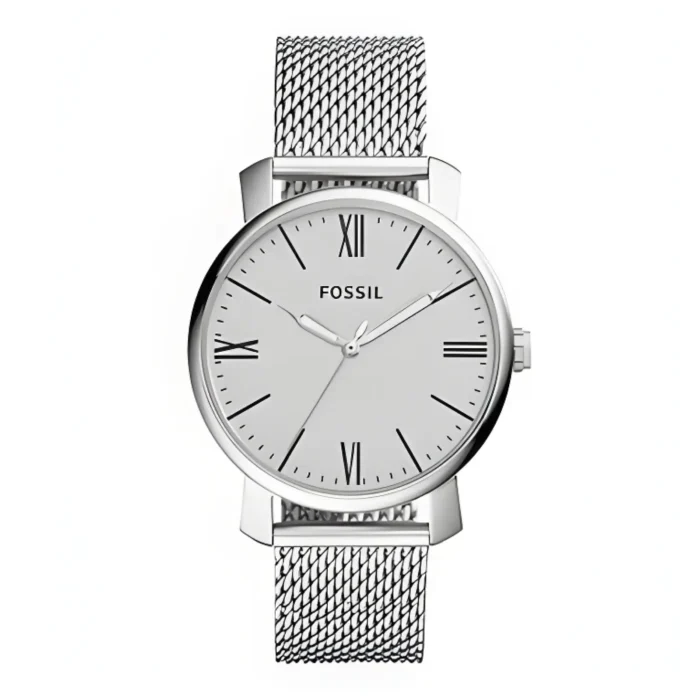 FOSSIL BQ2367 Silver Fossil watch with a minimalist design, featuring a white dial, Roman numerals, and a stainless steel mesh strap.
