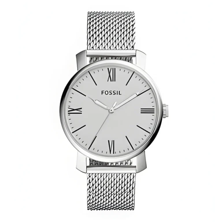 Silver Fossil watch with a minimalist design, featuring a white dial, Roman numerals, and a stainless steel mesh strap.