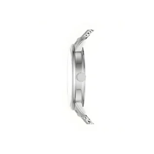 Side profile of a sleek silver watch with a minimalist design and a prominent crown, showcasing its elegant contours.