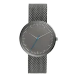 Sleek Fossil watch with a gray dial, minimalist hour markers, and a blue second hand, paired with a silver mesh band.