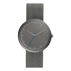 Sleek Fossil watch with a gray dial, minimalist hour markers, and a blue second hand, paired with a silver mesh band.