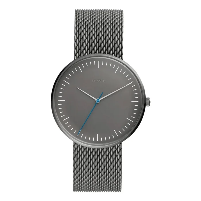 Sleek Fossil watch with a gray dial, minimalist hour markers, and a blue second hand, paired with a silver mesh band.