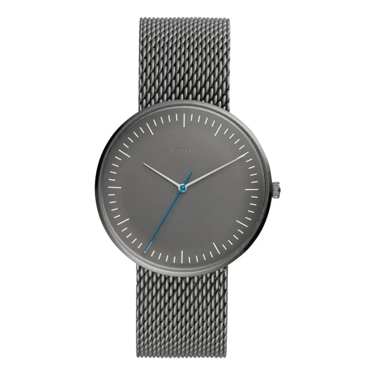 Sleek Fossil watch with a gray dial, minimalist hour markers, and a blue second hand, paired with a silver mesh band.