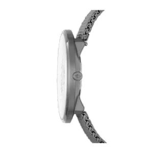 Side view of a sleek gray watch with a minimalist design and a chain link strap, showcasing a simple white dial and a round casing.