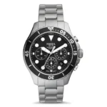 FOSSIL FS5725 A stylish Fossil watch with a black dial, silver stainless steel band, and multiple chronograph subdials, water-resistant up to 100 meters.