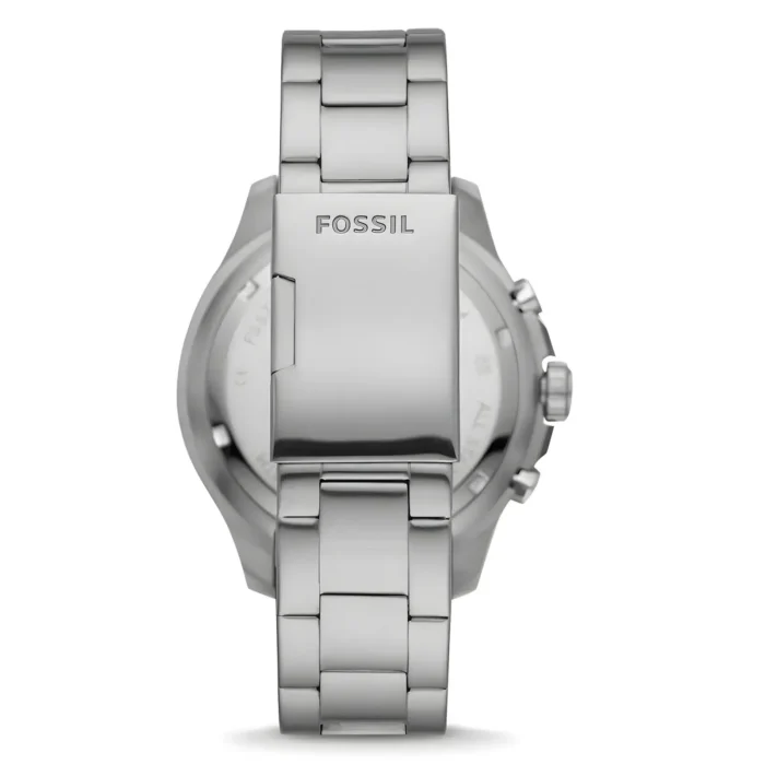 Close-up of a stainless steel Fossil watch, showcasing the back and bracelet design, emphasizing its sleek, modern look.