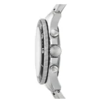 Profile view of a sleek silver watch with a black bezel showcasing its sporty design.