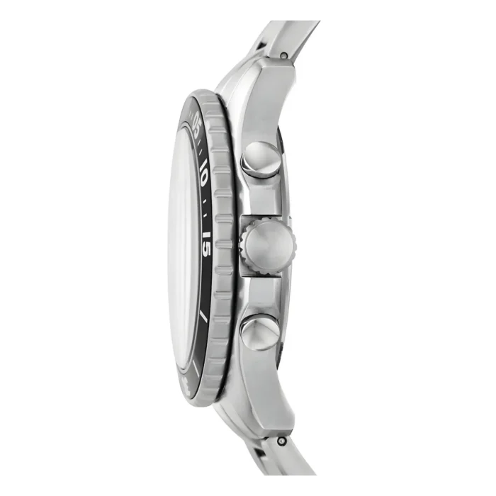 Profile view of a sleek silver watch with a black bezel showcasing its sporty design.