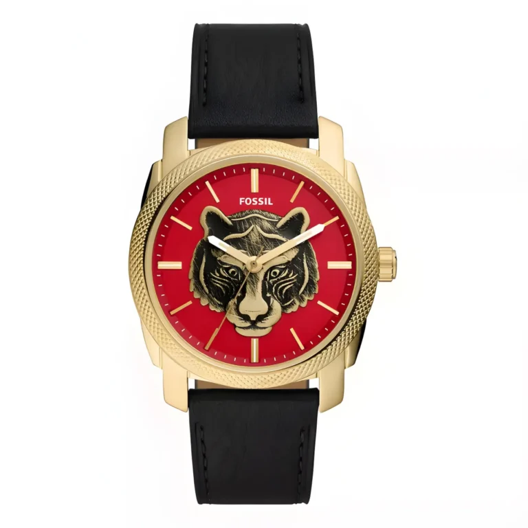 Gold-tone watch with a bold red dial featuring a tiger's face and black leather strap, showcasing a striking and unique design.
