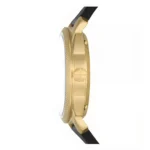 FOSSIL FS5909-3 Side view of a luxury gold watch with a textured bezel and black strap, showcasing elegant design and detail.