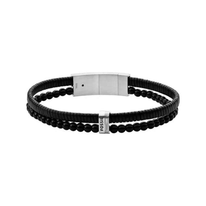 Black leather and bead bracelet by Fossil, featuring a sleek silver clasp and an elegant double-strand design.