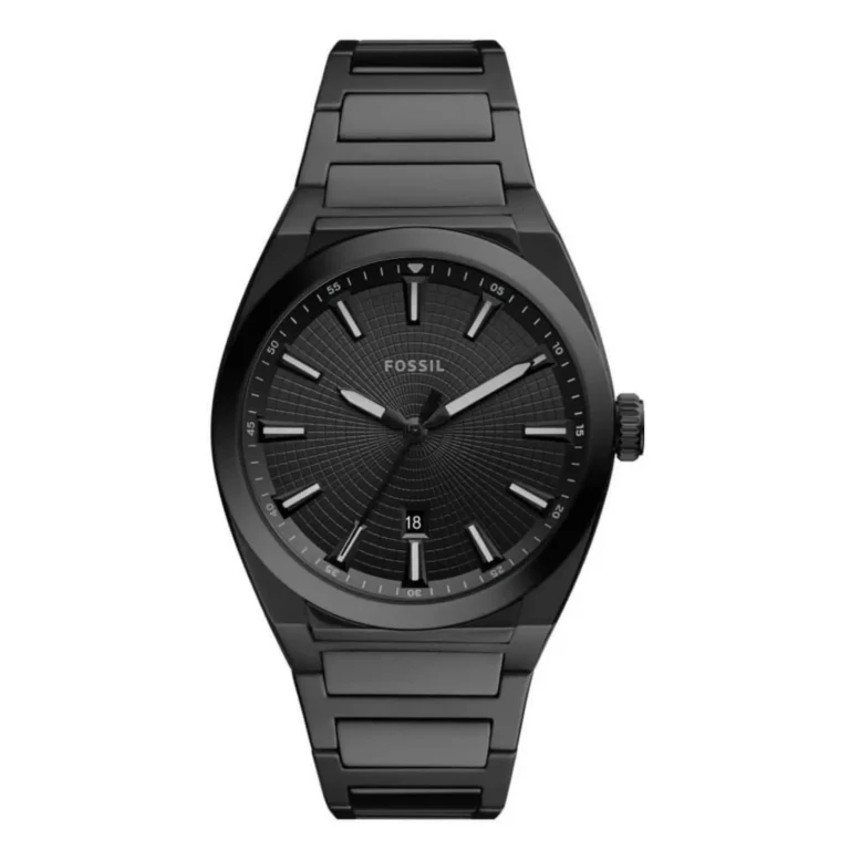 Black Fossil watch with a textured dial, sleek hands, and a date display, featuring a matching black metal bracelet.